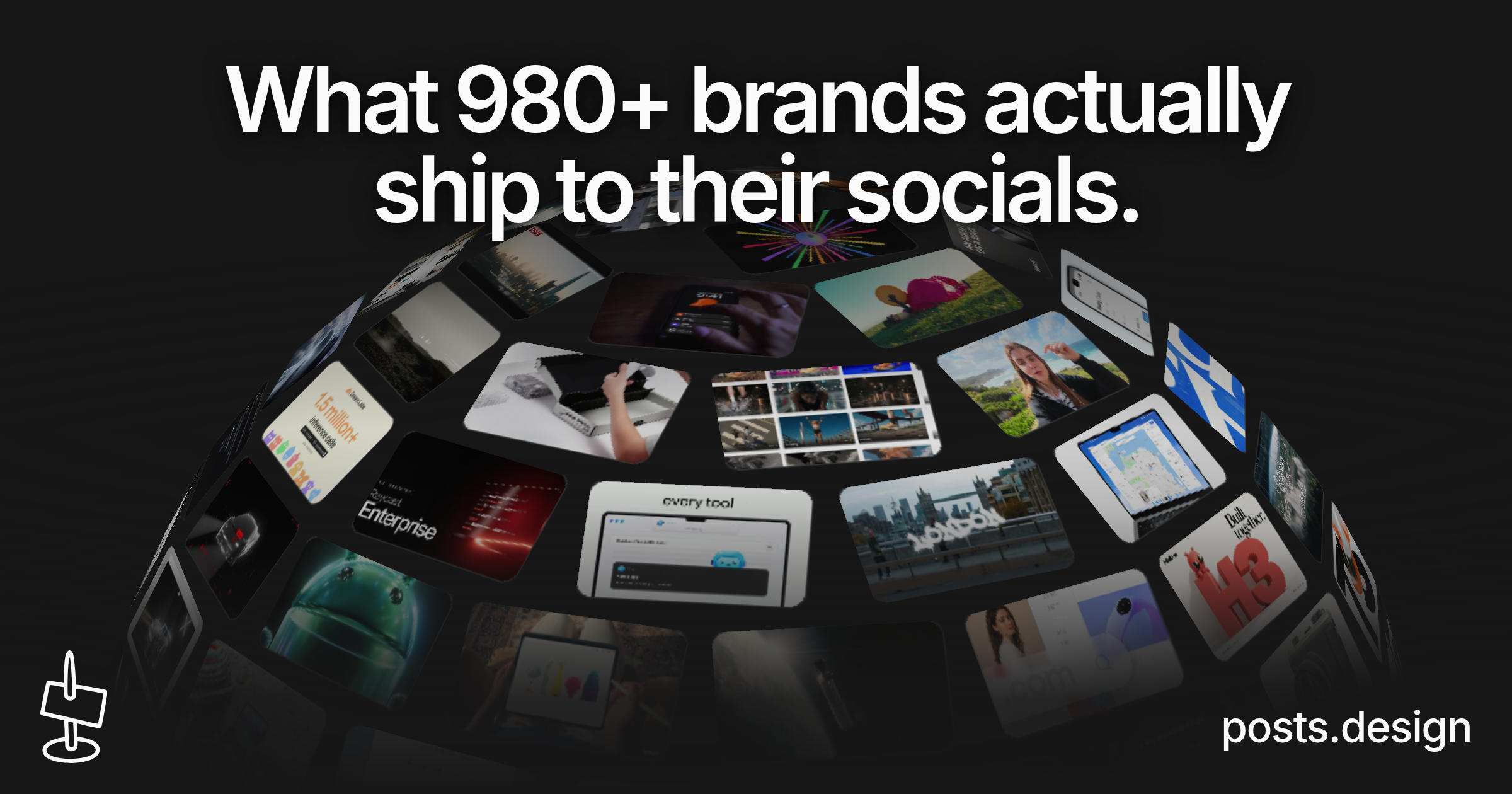 posts.design’s OG image, 2400×1260 pixels: A globe of the newest posts on posts.design.
