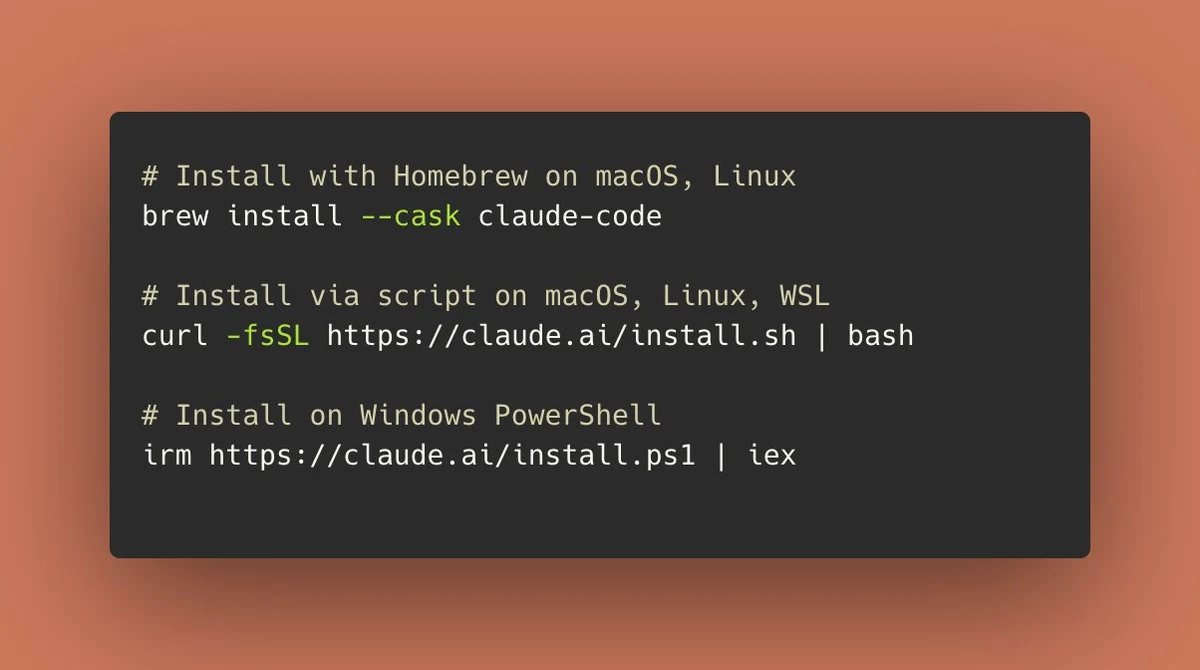 Claude Code card announcing a native installer that is simpler and does not require Node.js.