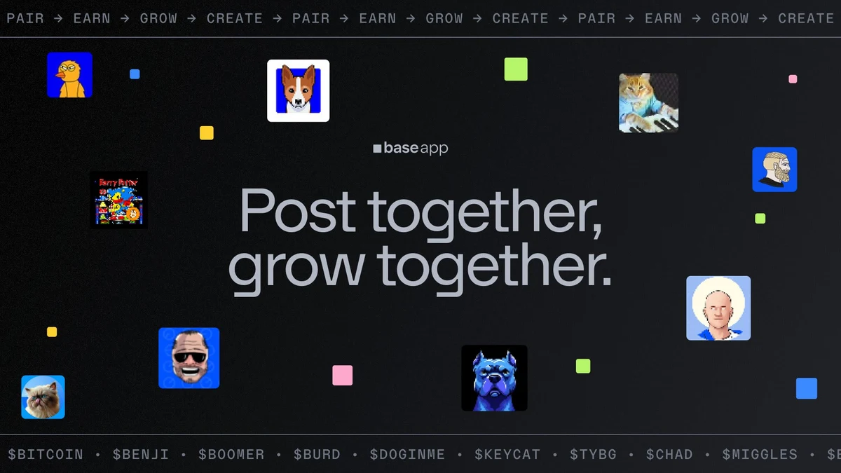 Base App Post together, grow together. Introducing memecoin pairing, a ne… — public farcaster post media curated for social post design inspiration.