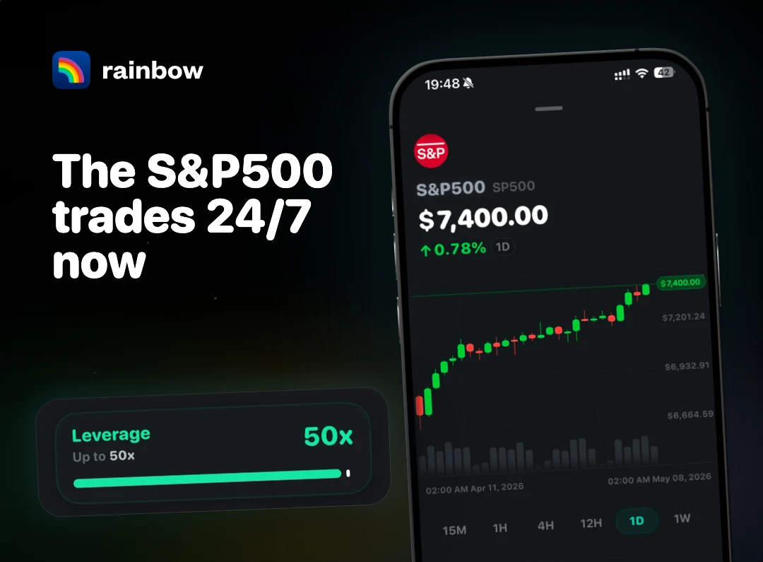Rainbow 24-7 S&P 500 trading announcement — public farcaster post media curated for social post design inspiration.