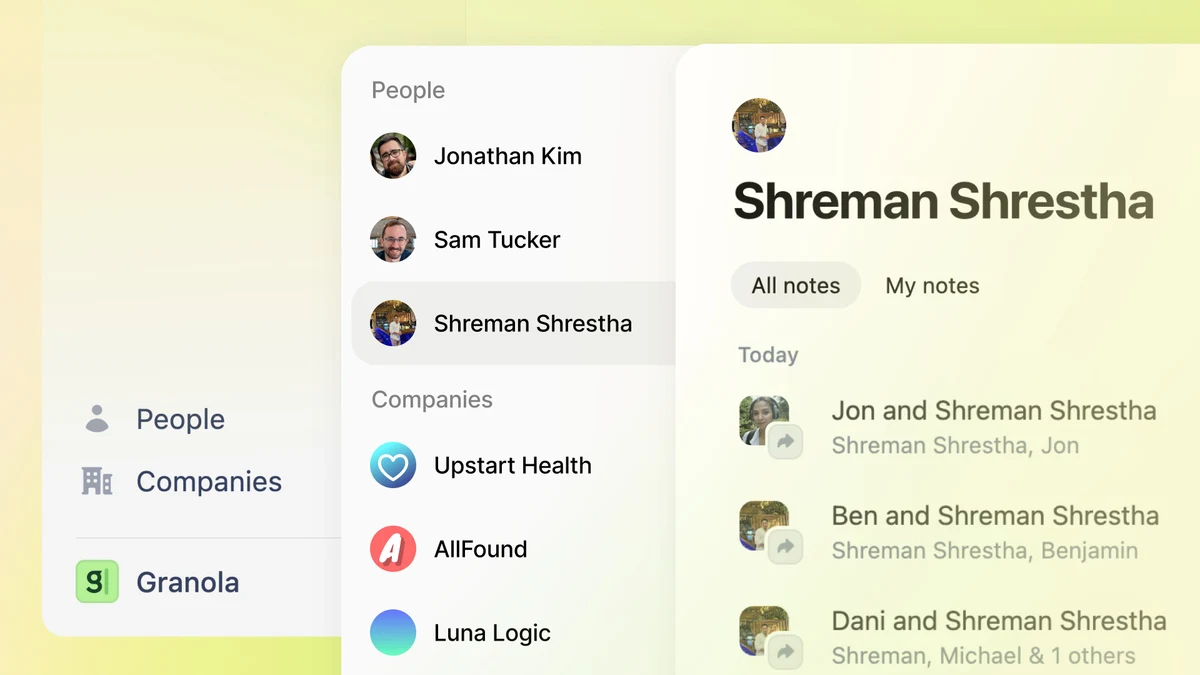 Granola feature card showing people and companies views in a meeting notes product.