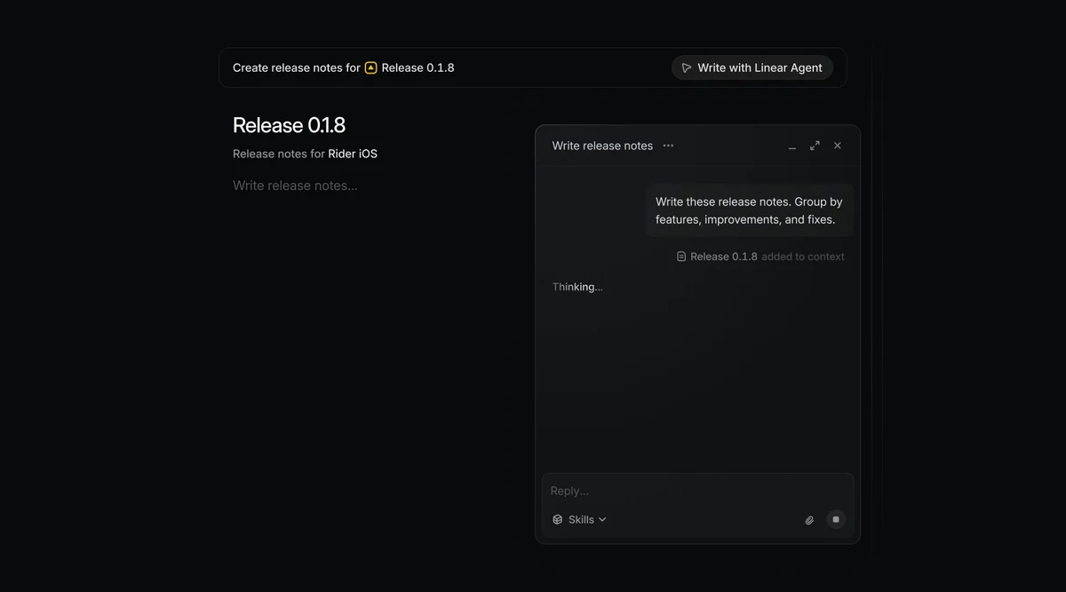 Dark Linear interface card showing Linear Agent generating release notes from release content.