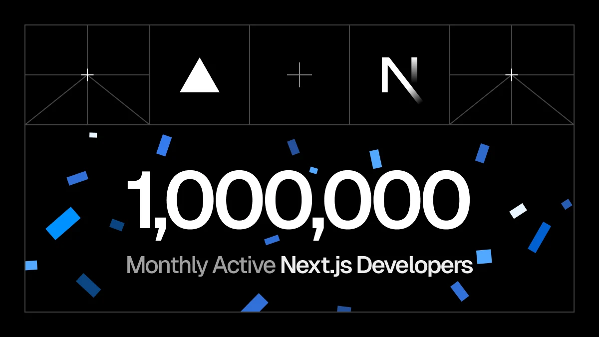 Next.js milestone card stating one million monthly active developers and adoption statistics.