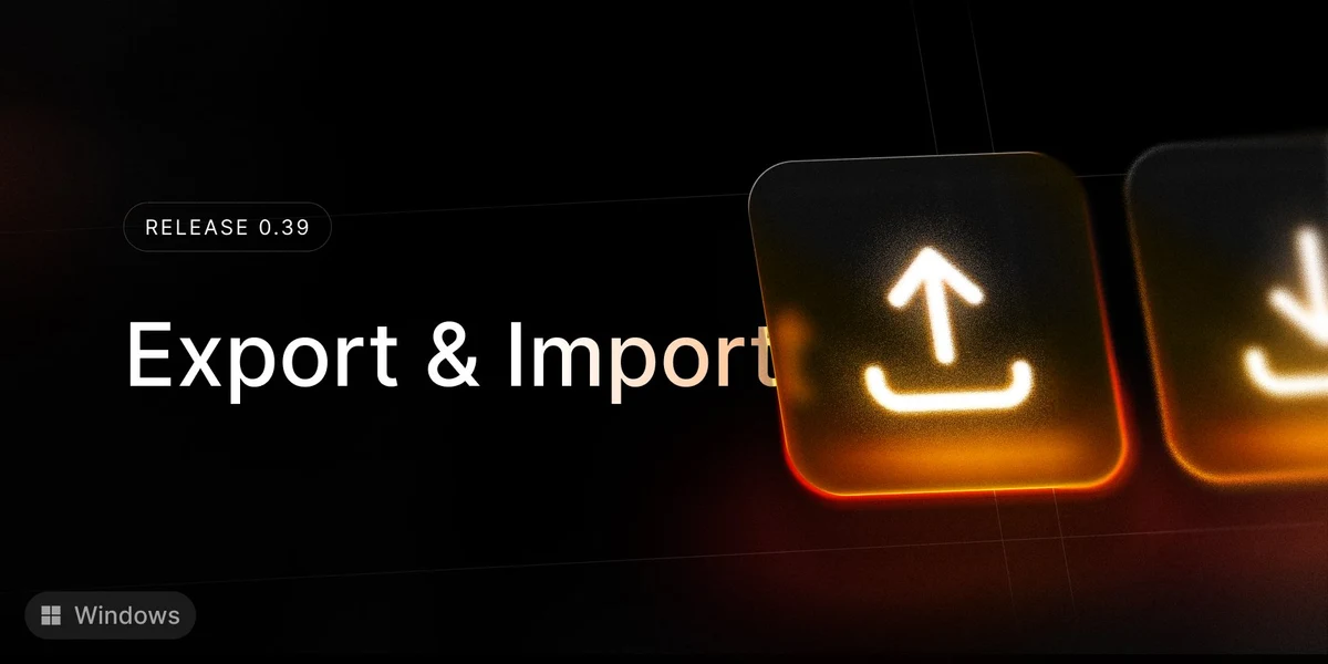 Raycast Windows update card highlighting export and import settings commands.
