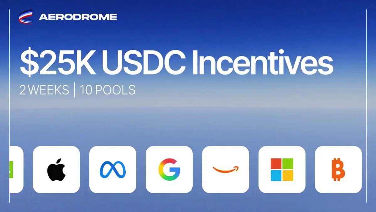 USDC Rewards are live for tokenized stock LPs on Aerodrome — public x-twitter post media curated for social post design inspiration.