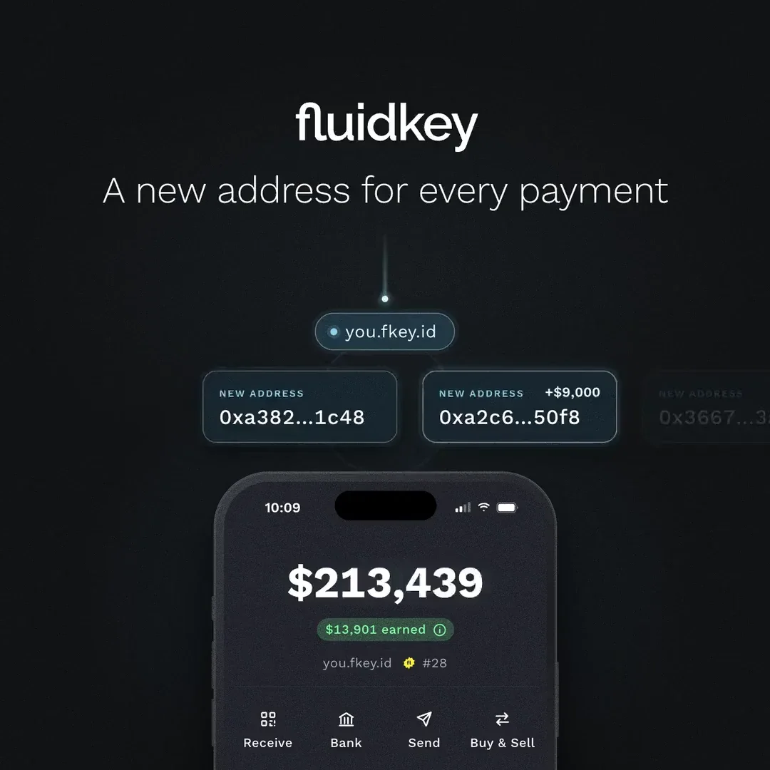 Fluidkey.eth: Fluidkey automatically gives you a new address for every payment — public x-twitter post media curated for social post design inspiration.