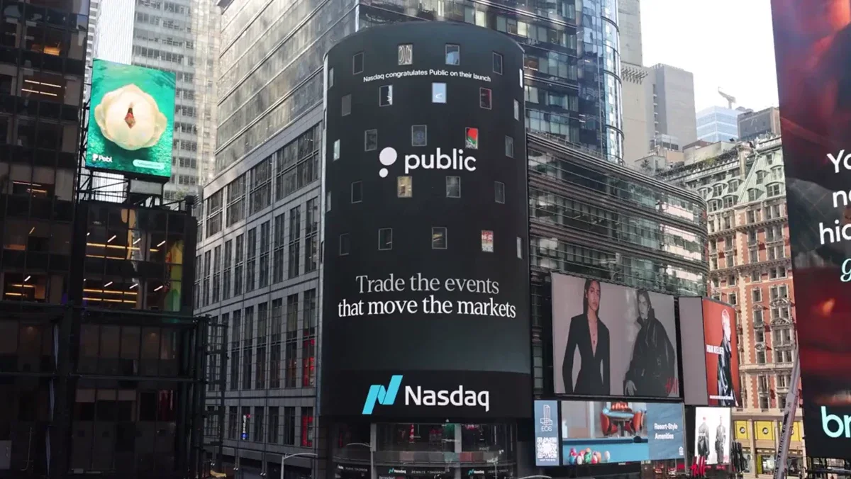 The implied probability of seeing Public on the Nasdaq billboard just — public x-twitter post media curated for social post design inspiration.