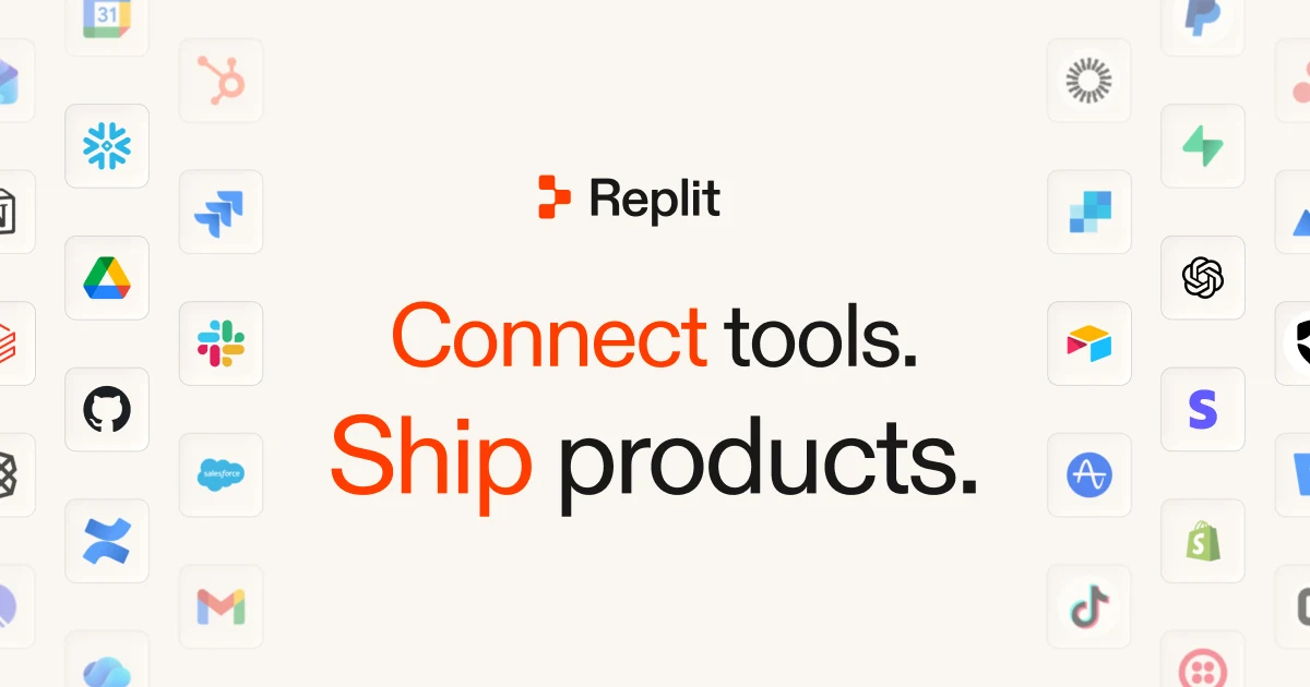 Replit OG image: Connect Tools. Ship Products. — 450+ Replit Integrations