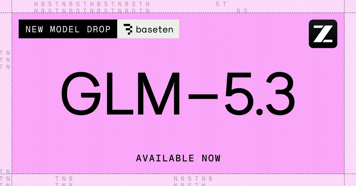 GLM-5.3 is live on Baseten Model APIs, day 0 — public x-twitter post media curated for social post design inspiration.