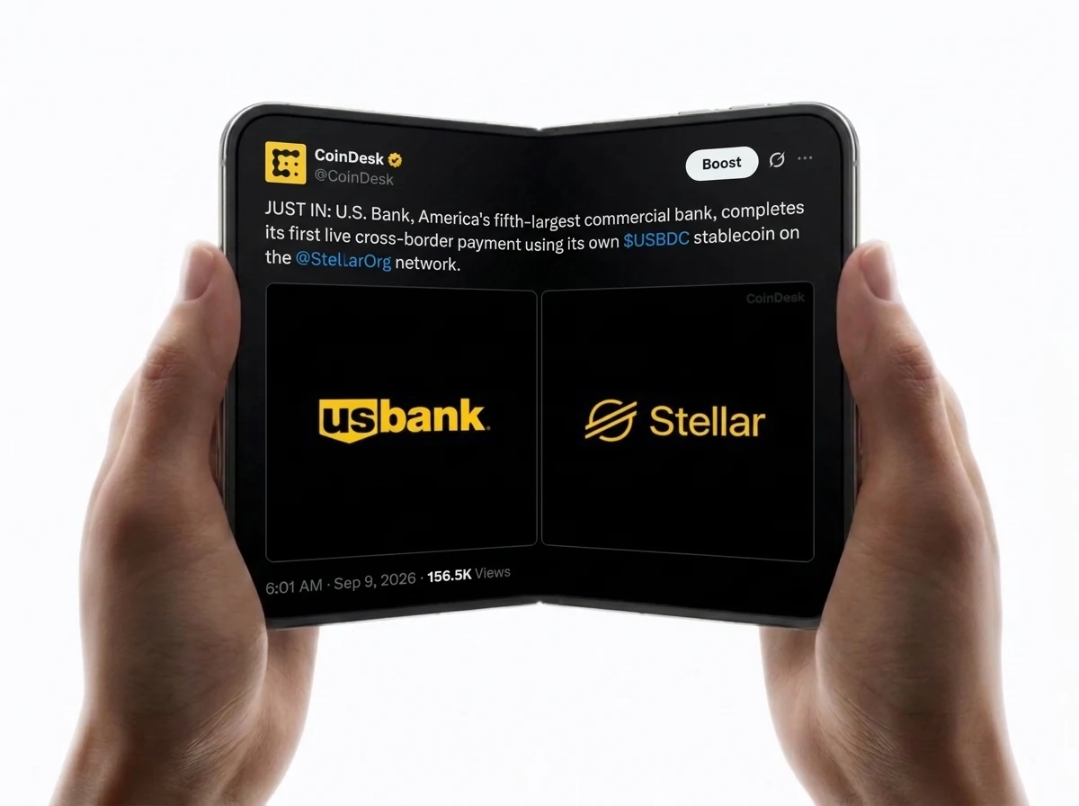 An open iPhone Duo held in two hands, showing a CoinDesk post about U.S. Bank completing a live cross-border stablecoin payment on Stellar above U.S. Bank and Stellar logos.