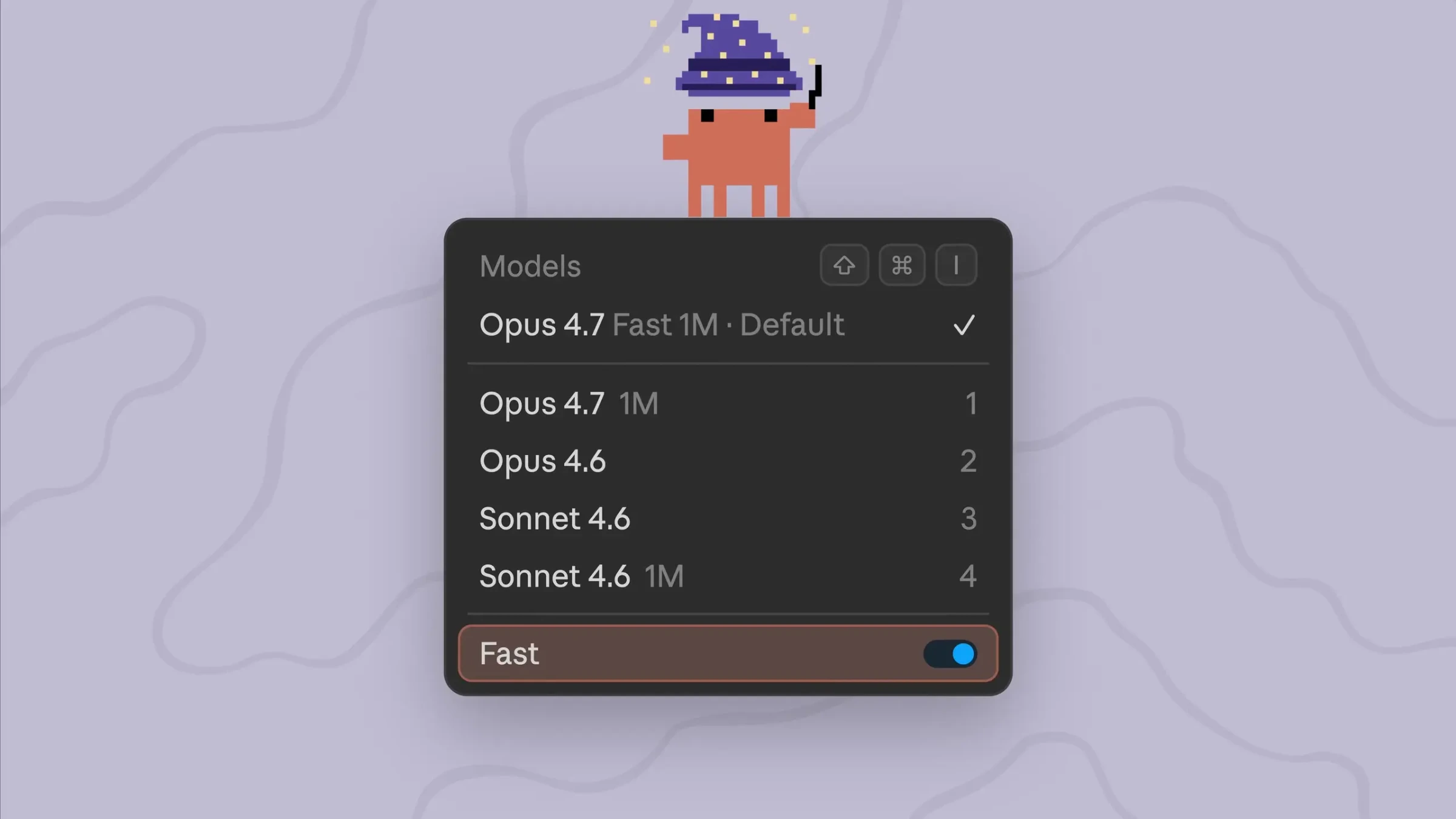 Claude Code model menu showing Opus 4.7 Fast mode as the default option.