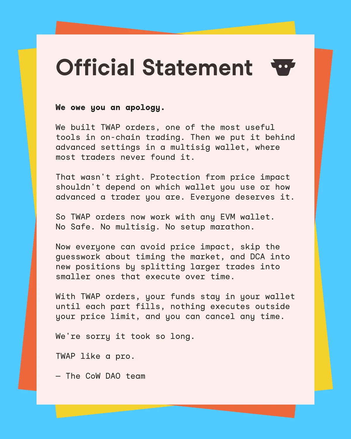 CoW Swap: We owe you an apology — public x-twitter post media curated for social post design inspiration.