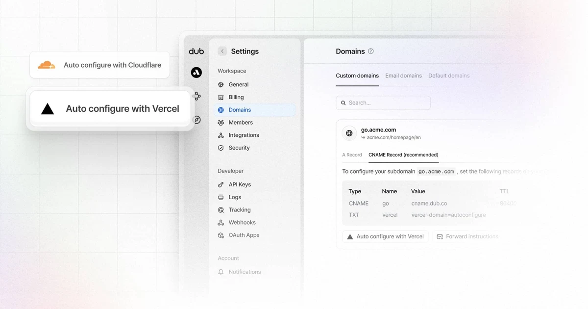 Dub.co: You can now connect your custom domain to Dub in 1 click via Domain — public x-twitter post media curated for social post design inspiration.