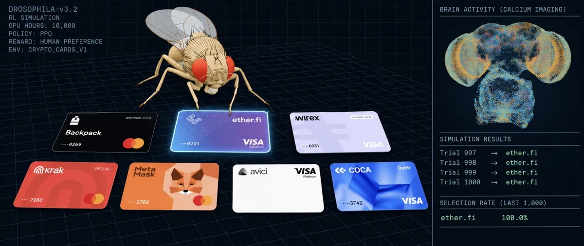 Ether.fi: We spend 10,000 GPU hours training this fly to choose the best crypto — public x-twitter post media curated for social post design inspiration.