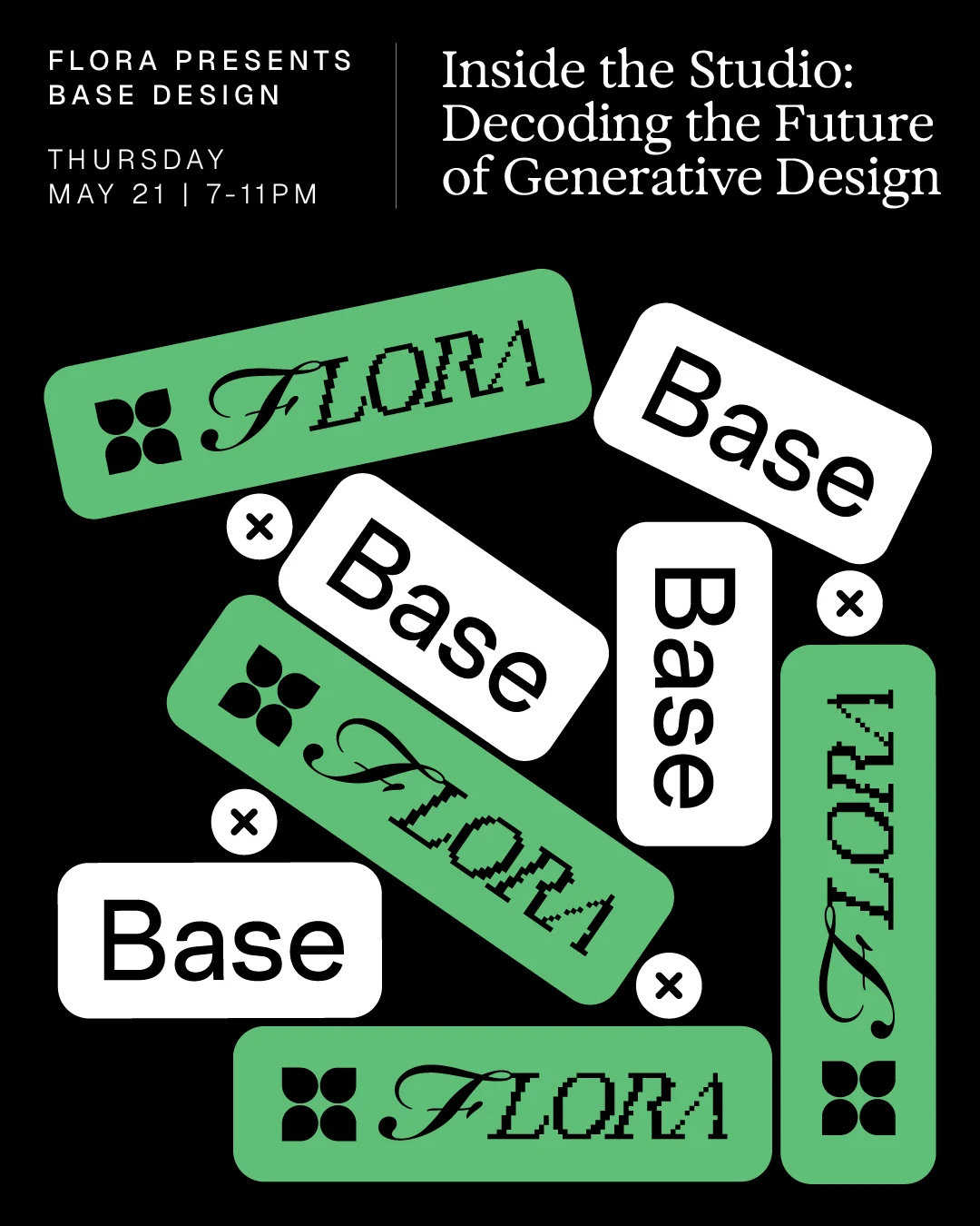 FLORA: We're hosting Base Design at our Brooklyn office this Thursday to talk — public x-twitter post media curated for social post design inspiration.