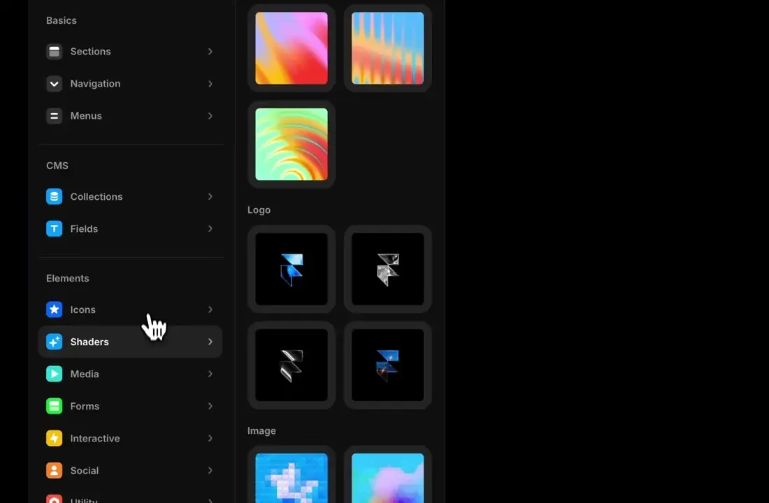 Framer video tutorial showing the Insert panel, shader selection, and Logo Spectrum shader applied in a dark editor UI.