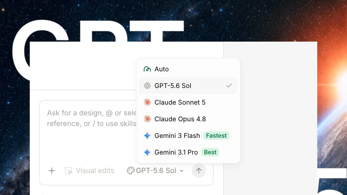GPT-5.6 Sol is now available in the MagicPath model selector — public x-twitter post media curated for social post design inspiration.