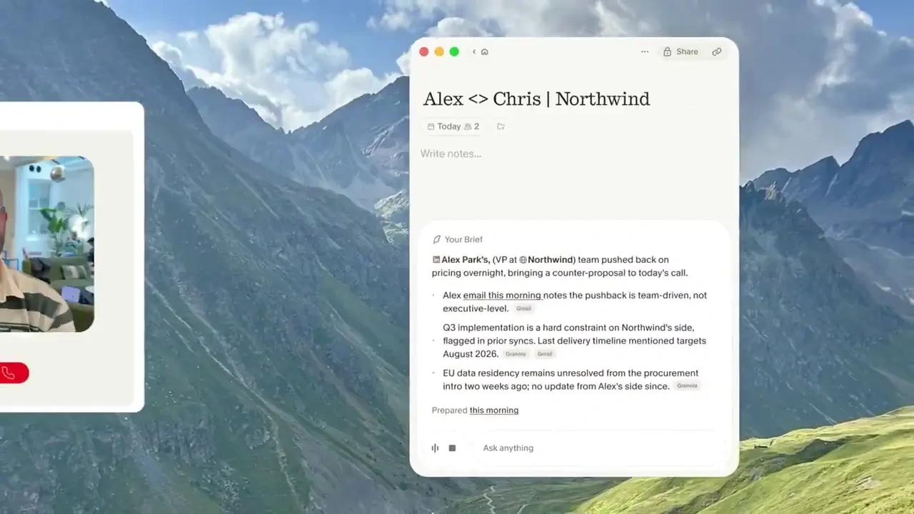 Granola: No more frantic Googling right before a meeting — public x-twitter post media curated for social post design inspiration.