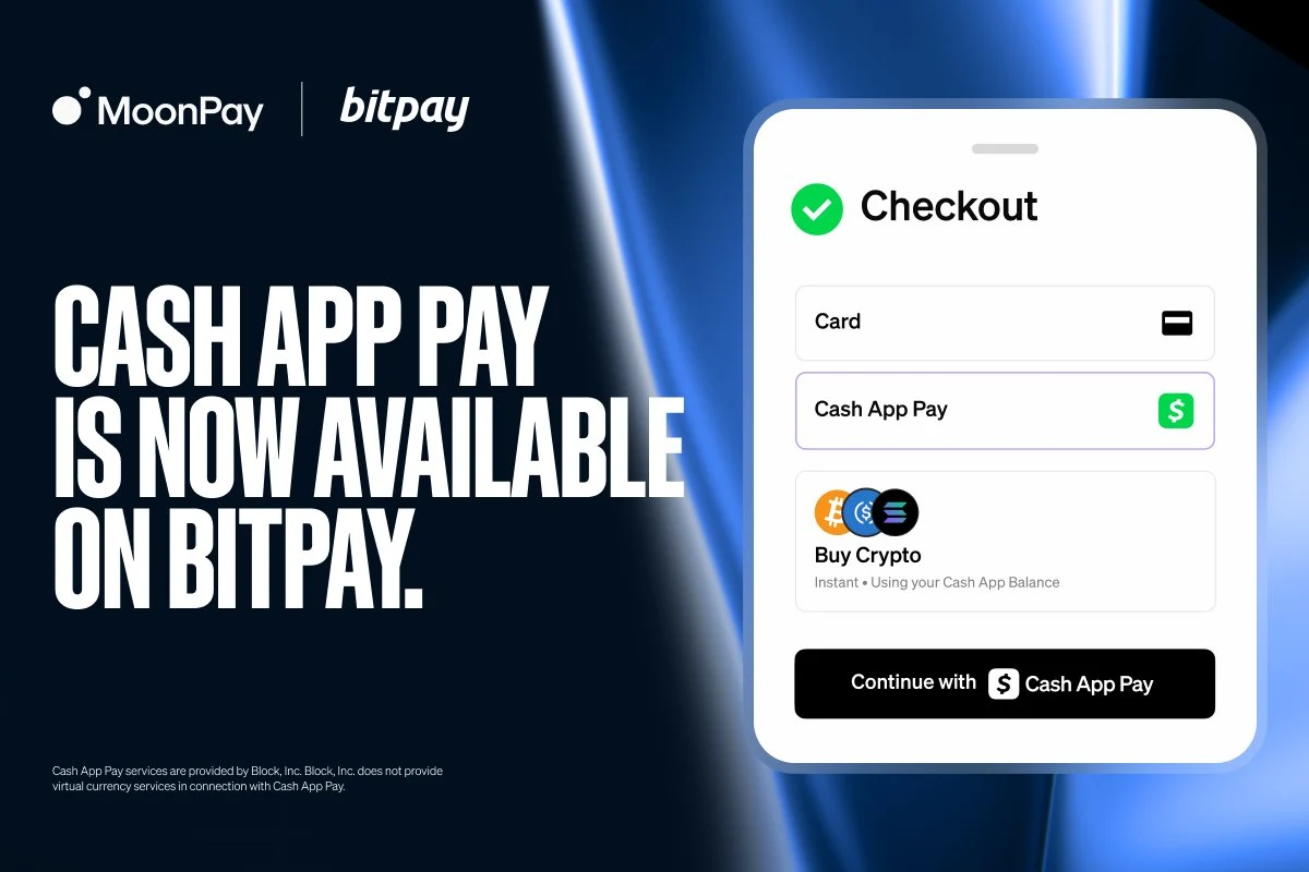 Cash App Pay is now available on @BitPay through MoonPay — public x-twitter post media curated for social post design inspiration.