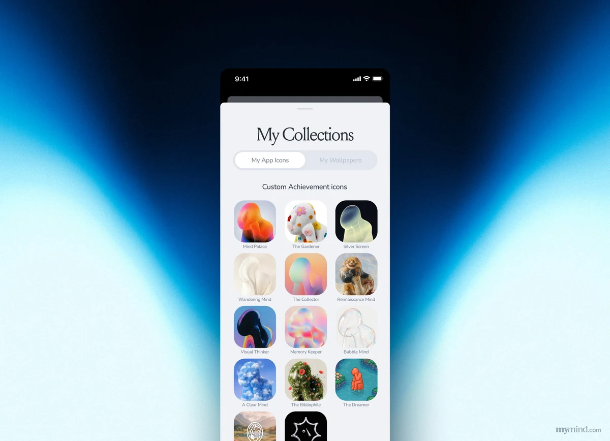 mymind social card showing a mobile app-icon collection grid over a soft blue gradient background.