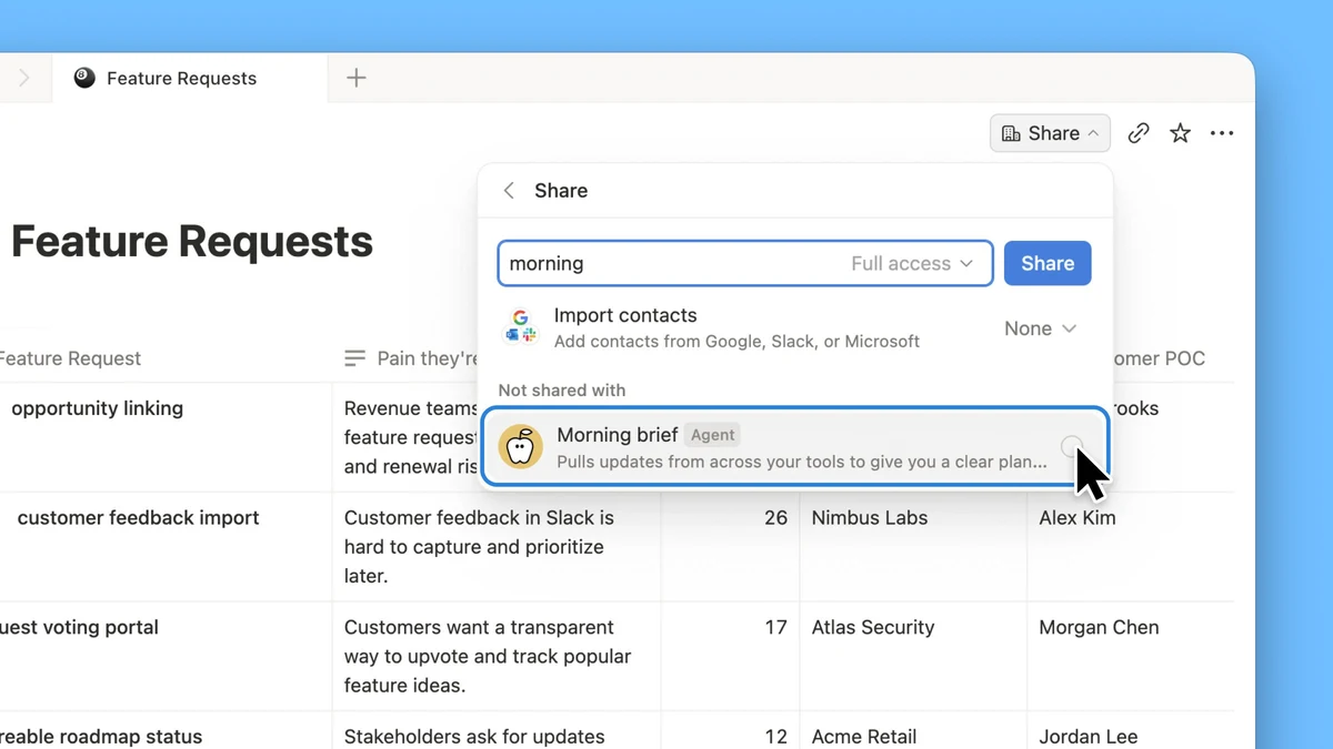 Notion: Small QoL improvement: you can now share pages with your Custom Agents — public x-twitter post media curated for social post design inspiration.