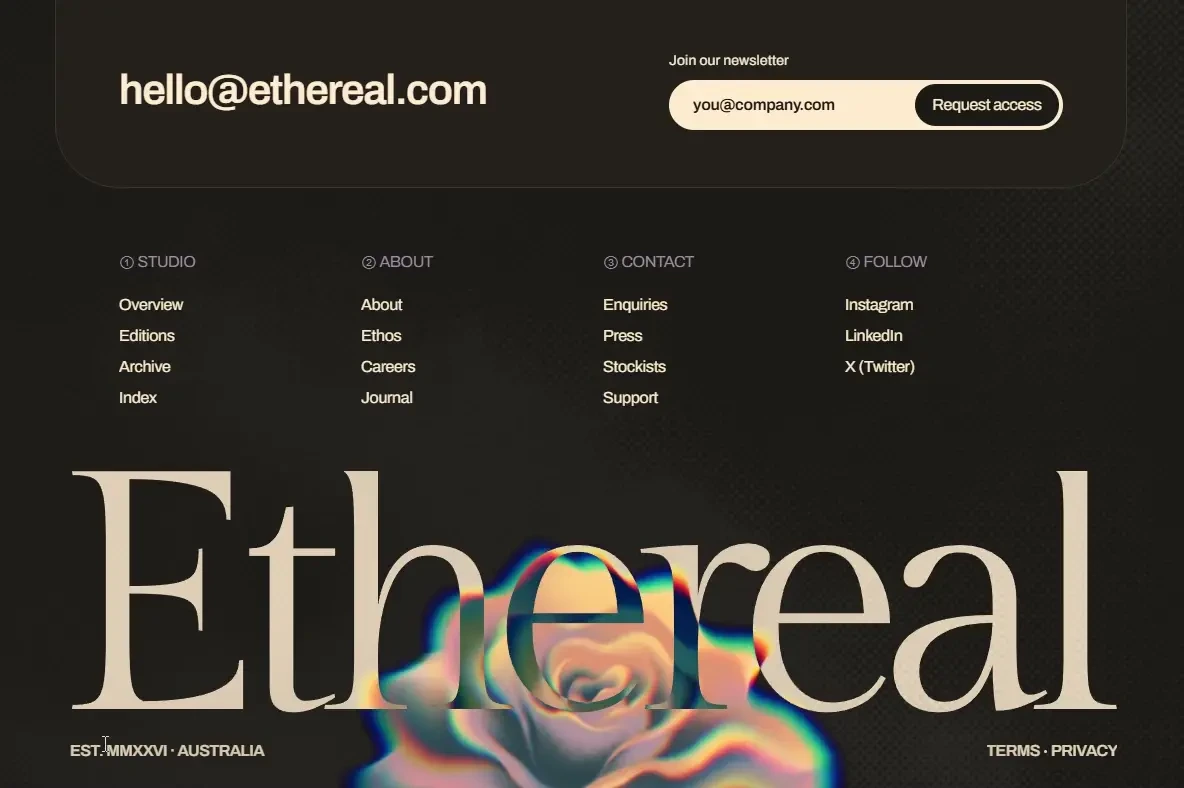 Rowan 🇦🇺: iridescent editorial footer design in @framer — public x-twitter post media curated for social post design inspiration.