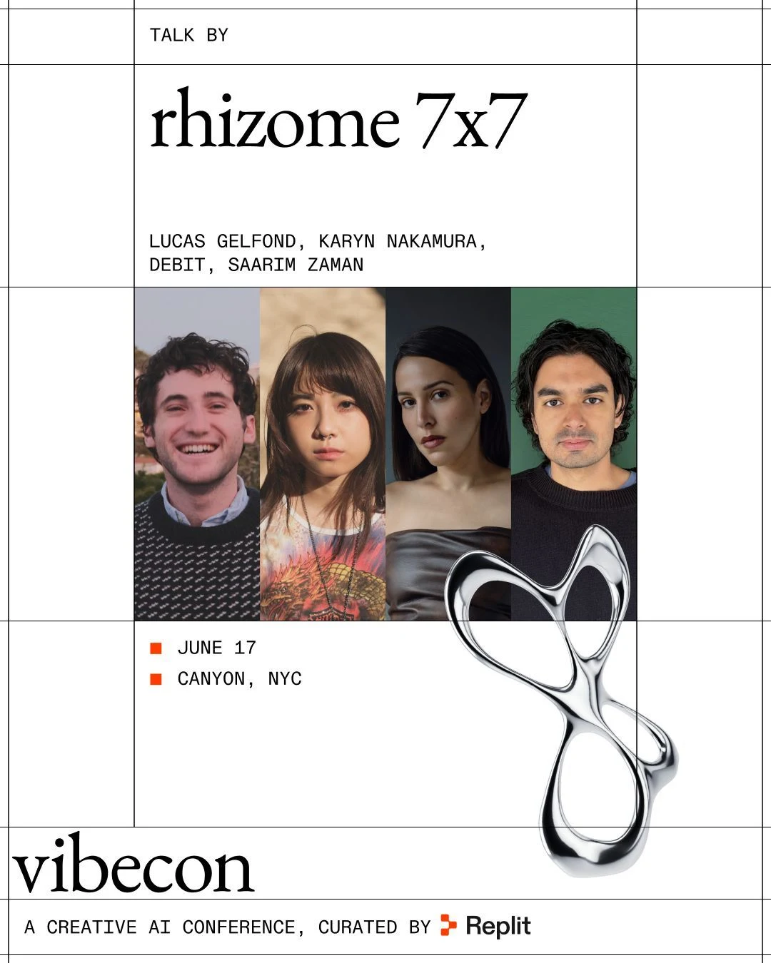 Replit Vibecon event poster with grid layout, abstract metallic form, June 17 details, and restrained typography.