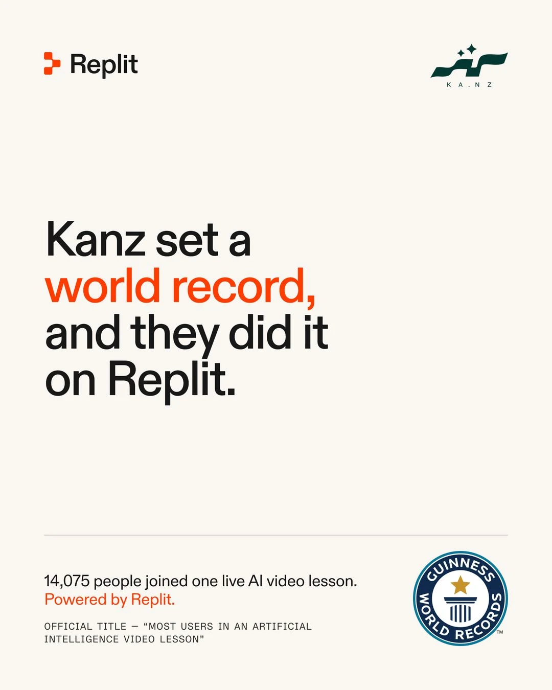 Replit ⠕: A Guinness World Record for the largest AI video lesson: 14 — public x-twitter post media curated for social post design inspiration.