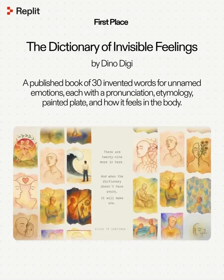 Replit ⠕: First place winner - $16,000 : The Dictionary of Invisible Feelings — public x-twitter post media curated for social post design inspiration.