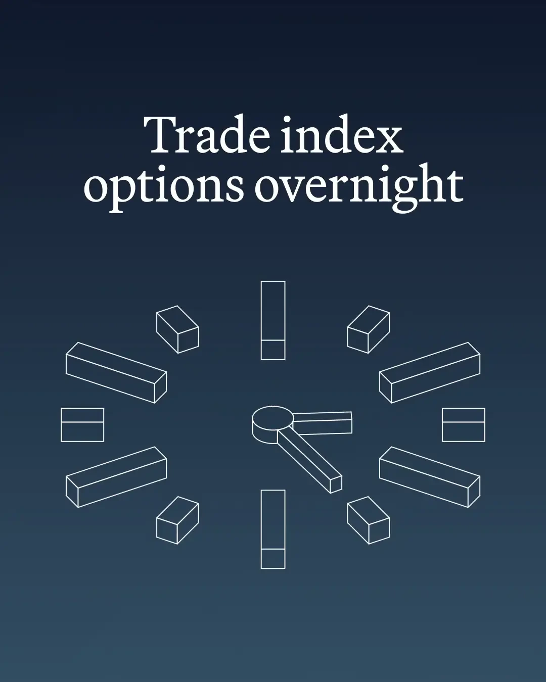 Dark Robinhood launch animation with white diagram-like blocks for overnight options.