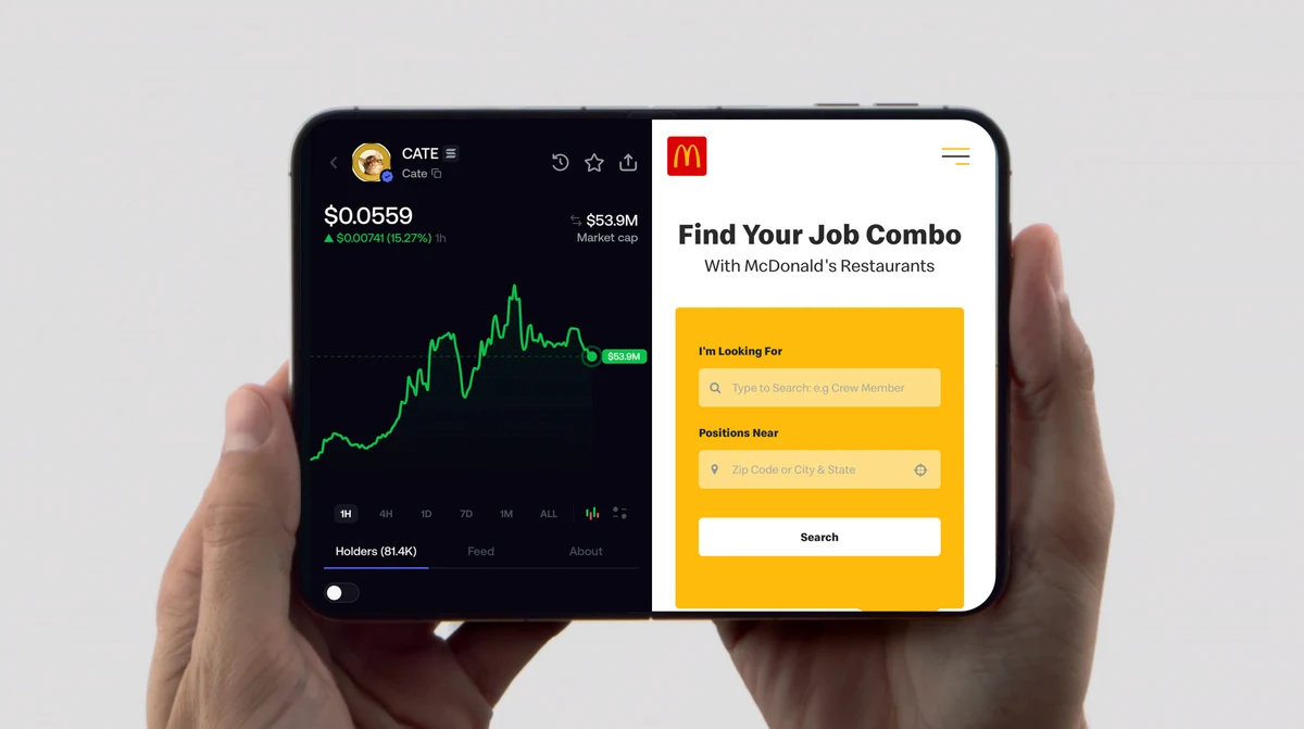 An open iPhone Duo held in two hands, showing a CATE crypto price chart on the left display and a McDonald's restaurant job search page on the right.