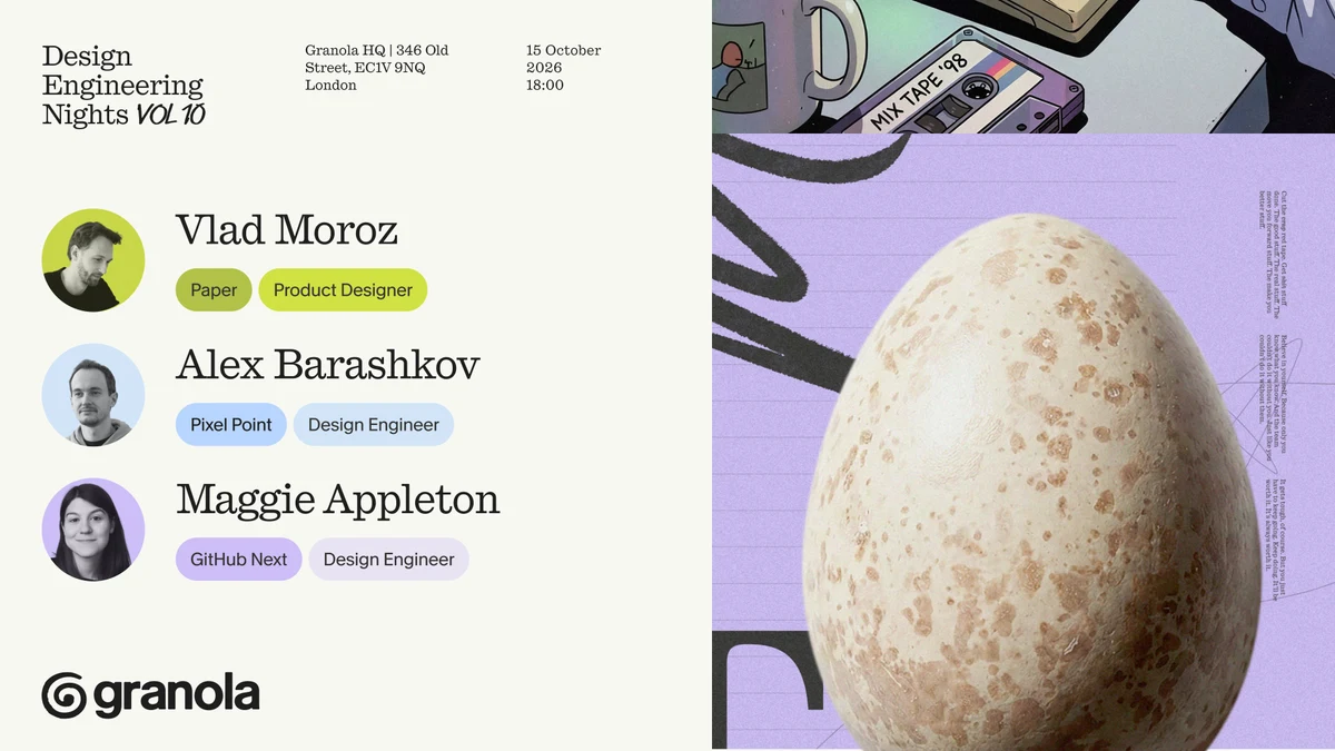 Tikhon Belousko: Design Engineering Night #10 is happening on 15 October at Granola HQ — public x-twitter post media curated for social post design inspiration.