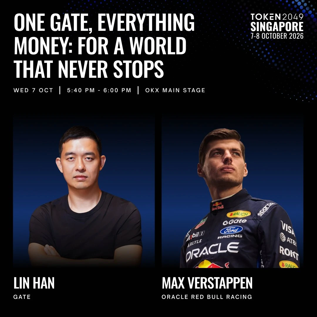 Gate & Max Verstappen take the TOKEN2049 main stage — public x-twitter post media curated for social post design inspiration.
